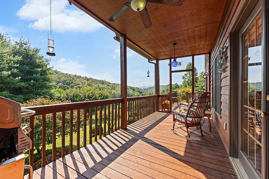 Deck view overlooking the landscaped grounds and mountain ridgeline