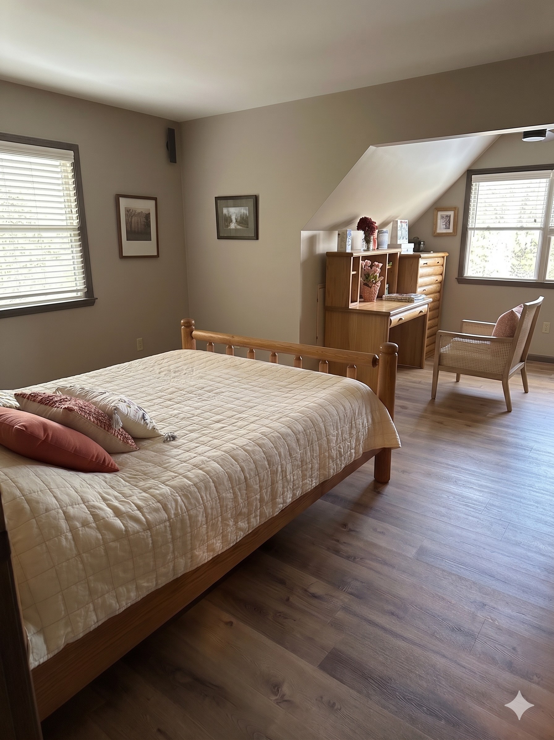 Queen bedroom with log bed frame, white linens, and green closet doors